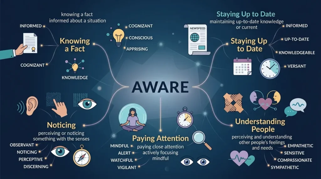 Synonyms for Aware, Grouped by Meaning
